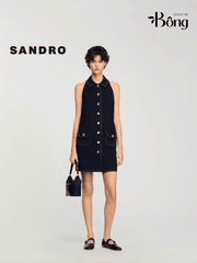 Váy Sandro đen sát nách cổ đức viền chỉ 2 túi trước cổ yếm