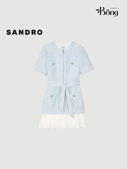 Váy dạ Sandro cộc tay 4 túi trước màu xanh kèm belt chân xếp ly