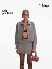 Short váy Khaki xếp ly Sel-Portrait dáng ngắn kẻ chìm kèm belt