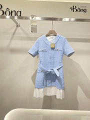 Váy dạ Sandro cộc tay 4 túi trước màu xanh kèm belt chân xếp ly