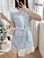 Váy dạ Sandro cộc tay 4 túi trước màu xanh kèm belt chân xếp ly