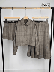 Short váy Khaki xếp ly Sel-Portrait dáng ngắn kẻ chìm kèm belt