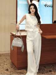 Áo khoác gile tweed sequin dáng ngắn croptop