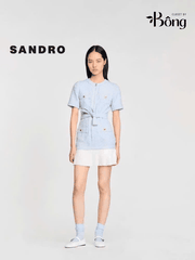 Váy dạ Sandro cộc tay 4 túi trước màu xanh kèm belt chân xếp ly