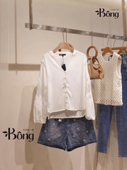 Quần short denim Maje đính ngọc trai
