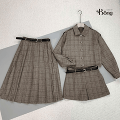 Short váy Khaki xếp ly Sel-Portrait dáng ngắn kẻ chìm kèm belt