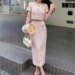 CHÂN VÁY MIDI ĐÍNH NGỌC TRAI HỒNG BOUCLE