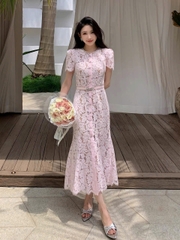 VÁY MIDI VIỀN REN NƠ MÀU HỒNG