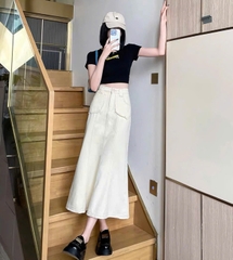 Chân váy denim Zara trắng dáng A