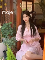 Váy Maje hồng cotton đũi dáng xếp ly ngắn