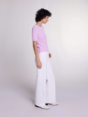 Áo Maje cotton lưới dệt thoi cổ tròn hồng viền trắng