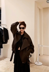 Áo khoác da YSL 2 màu cổ bẻ bo chun