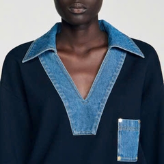 Áo len Sandro phối cổ V denim dài tay