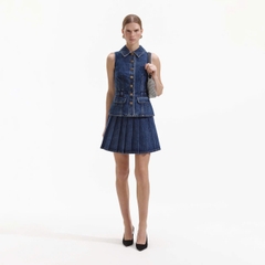 Set denim Self- Portrait ngắn tay 2 túi ngực chân váy mini