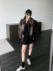 Áo khoác da YSL 2 màu cổ bẻ bo chun