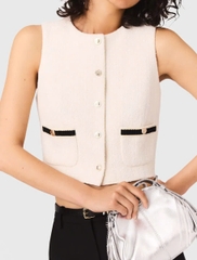Áo gile tweed không tay phối viền