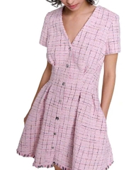 Đầm ngắn tweed ôm eo viền tua rua
