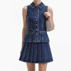 Set denim Self- Portrait ngắn tay 2 túi ngực chân váy mini