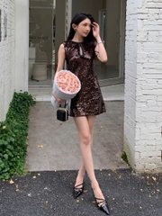 Váy Self-Portrait bling sequin màu mận sát nách viền cổ đen