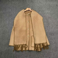 Áo khoác dạ TOTEME kèm khăn tua rua màu da bò