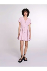 Đầm ngắn tweed ôm eo viền tua rua