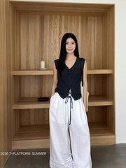 Quần suông linen T-Flatform cạp chun gấu ren dập 2 màu (6217)