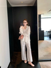 Quần suông linen T-Flatform cạp chun gấu ren dập 2 màu (6217)