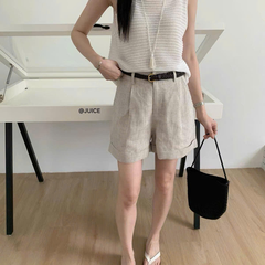 Quần short linen T-Flatform gấu lật kèm belt da tết (6206JW)
