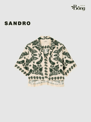 Set lụa hoa xanh Sandro (Sơ mi + Quần suông không tách)
