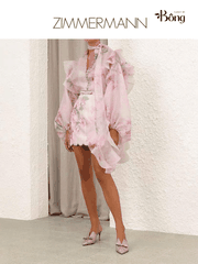 Chân váy mini Zimmermann hoạ tiết hoa hồng viền đá (tách set)