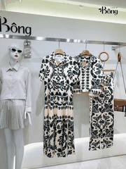 Set lụa hoa xanh Sandro (Sơ mi + Quần suông không tách)