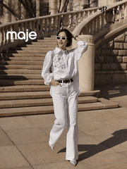 Sơ mi Maje trắng cổ đức đính hoa 3D vai trái