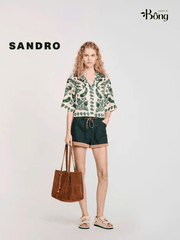 Set lụa hoa xanh Sandro (Sơ mi + Quần suông không tách)