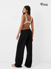 Quần đũi suông Bershka đen cạp chun