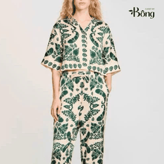 Set lụa hoa xanh Sandro (Sơ mi + Quần suông không tách)