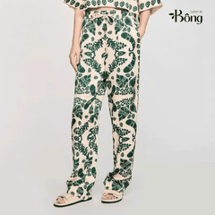 Set lụa hoa xanh Sandro (Sơ mi + Quần suông không tách)