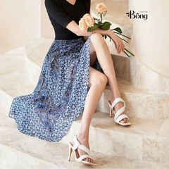 Váy maxi lụa Maje cải cotton đen hoa xanh