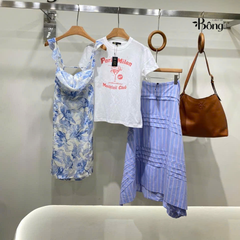 Chân váy midi Maje kẻ trắng xanh xếp tầng
