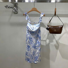 Váy lụa Maje hoa xanh 2 dây sexy back