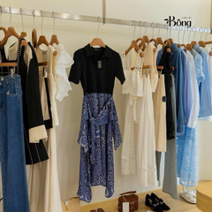 Váy maxi Maje lụa phối cotton xanh đen phối hoạ tiết
