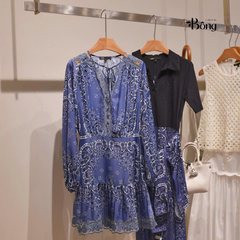 Váy maxi Maje lụa phối cotton xanh đen phối hoạ tiết