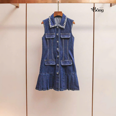 Váy Sel-Portrait denim cổ bẻ viền đá sát nách