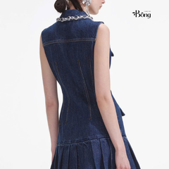 Váy Sel-Portrait denim cổ bẻ viền đá sát nách