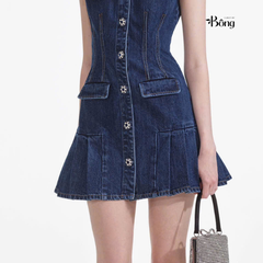 Váy Sel-Portrait denim cổ bẻ viền đá sát nách