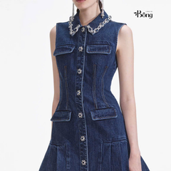 Váy Sel-Portrait denim cổ bẻ viền đá sát nách