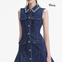 Váy Sel-Portrait denim cổ bẻ viền đá sát nách