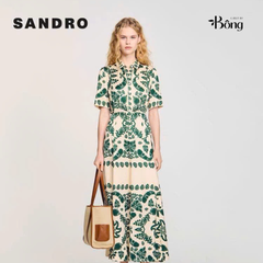 Váy maxi lụa Sandro cổ đức hoa xanh