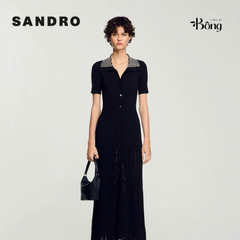Váy Sandro màu đen maxi cổ đính cườm