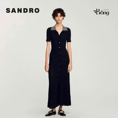Váy Sandro màu đen maxi cổ đính cườm