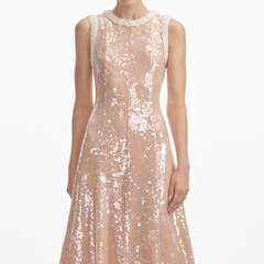 Váy Sel-Portrait bling sequin nude cổ ngọc trai sát nách dáng maxi A